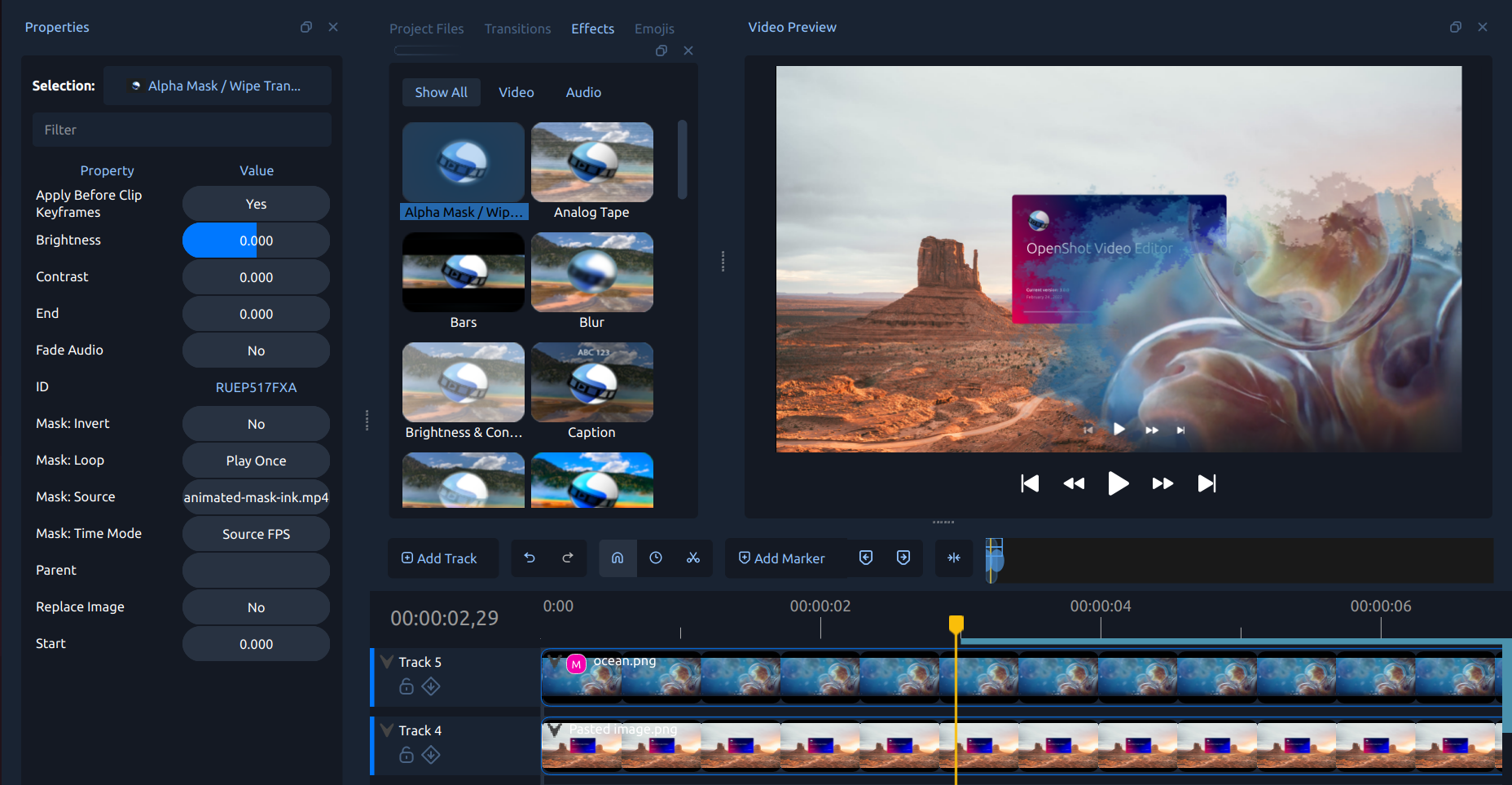 Animated mask support in OpenShot 3.5