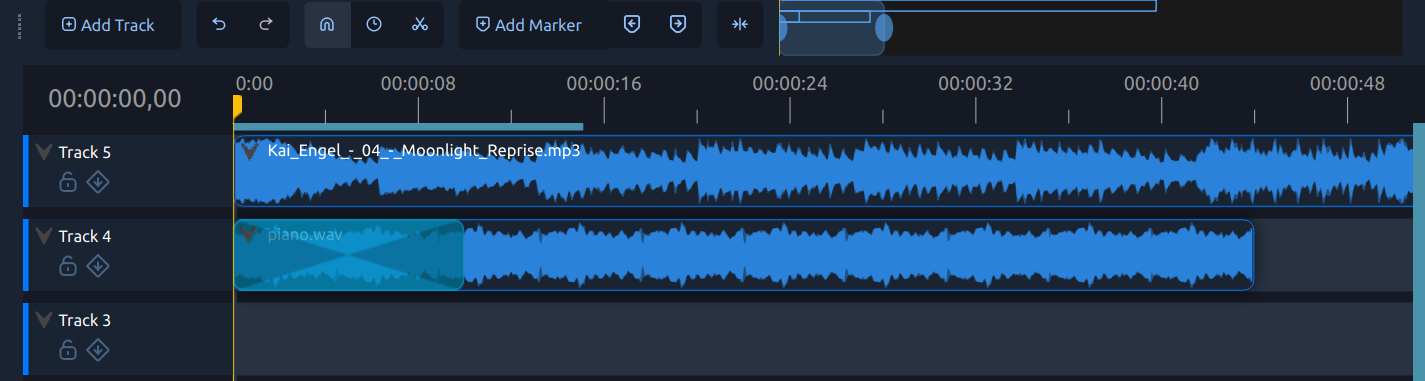 Audio is now easily faded with standard transitions (equal power, cross-fade)
