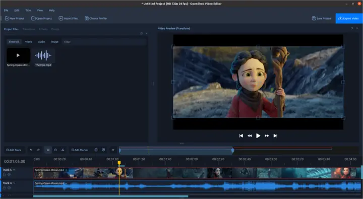 OpenShot timeline with video thumbnails and audio waveforms across multiple tracks