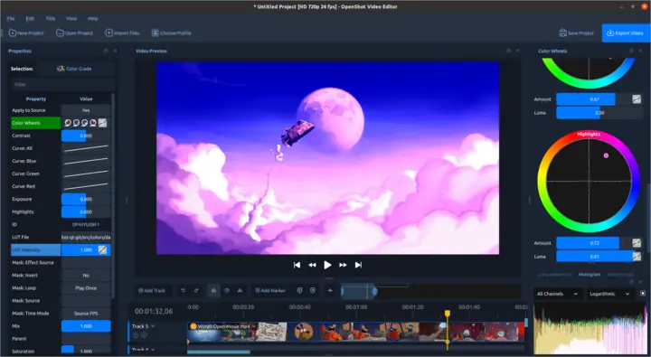 OpenShot color grading workspace with color wheels, LUT controls, and video scopes