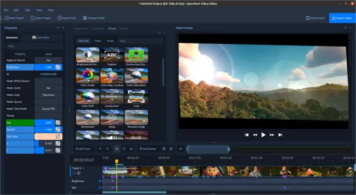OpenShot lens flare effect with adjustable animated properties