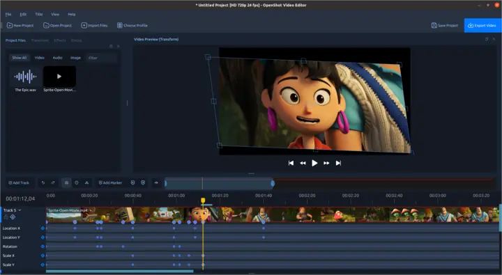 OpenShot timeline showing position, rotation, and scale keyframes