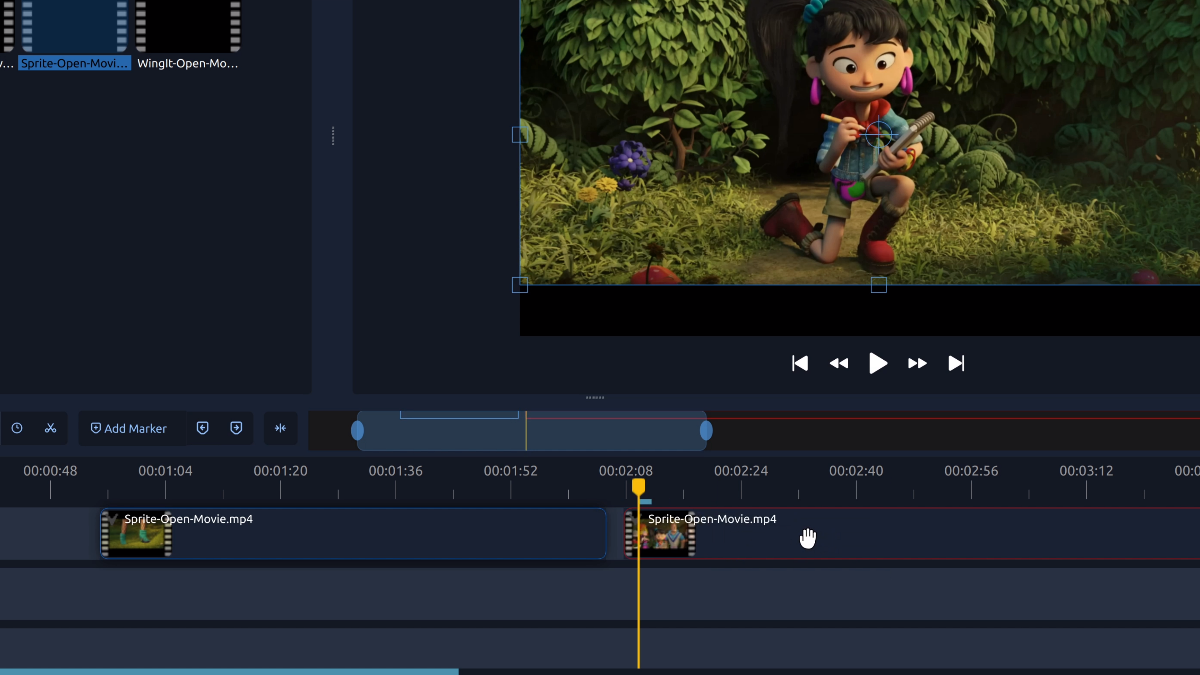 Loại bỏ phần giữa của video bằng cách chia clip hai lần và xóa phần không mong muốn trên dòng thời gian của OpenShot.