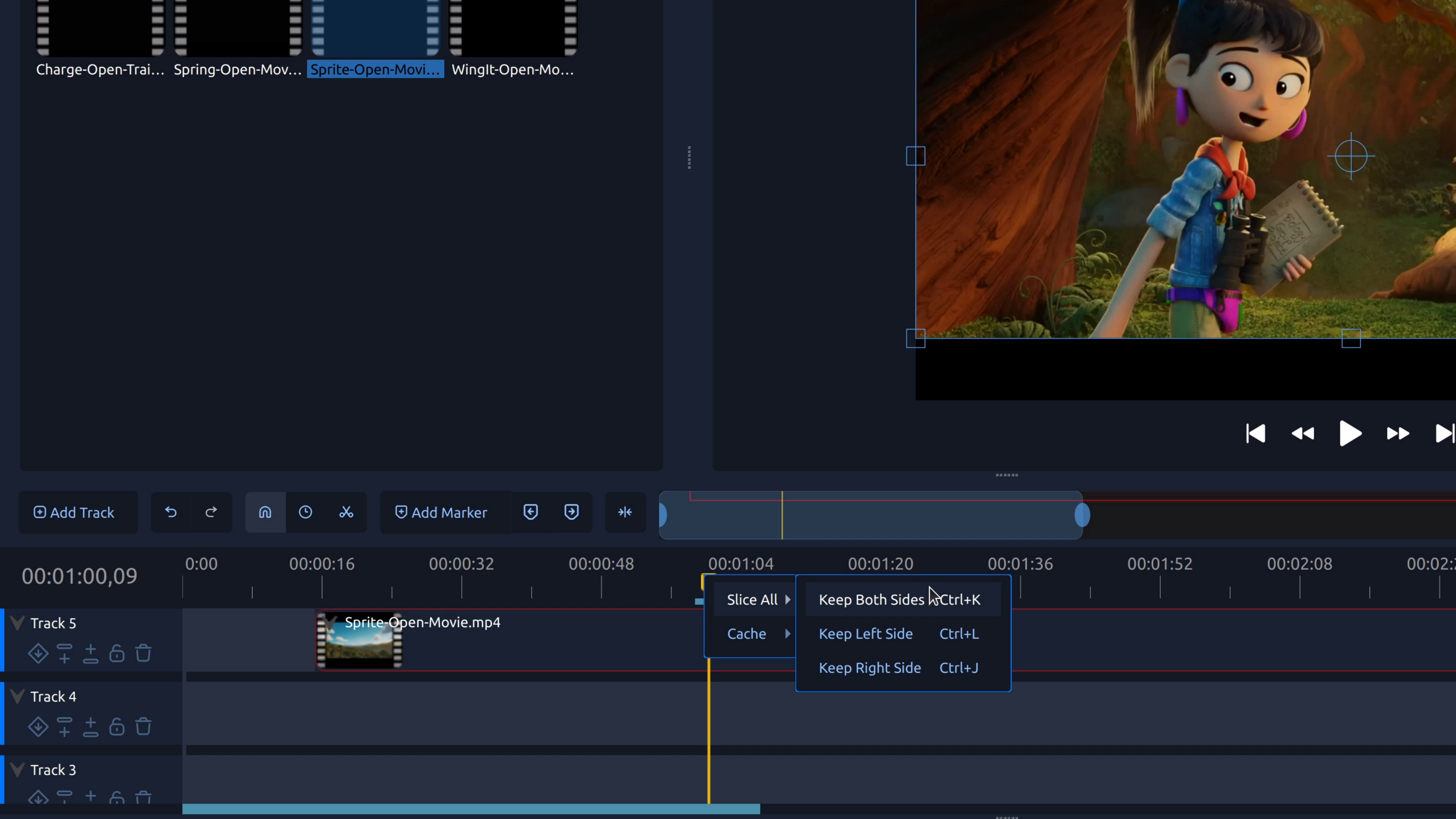 Place the playhead where you want the cut, then use Slice to split a clip into two editable pieces on the OpenShot timeline.
