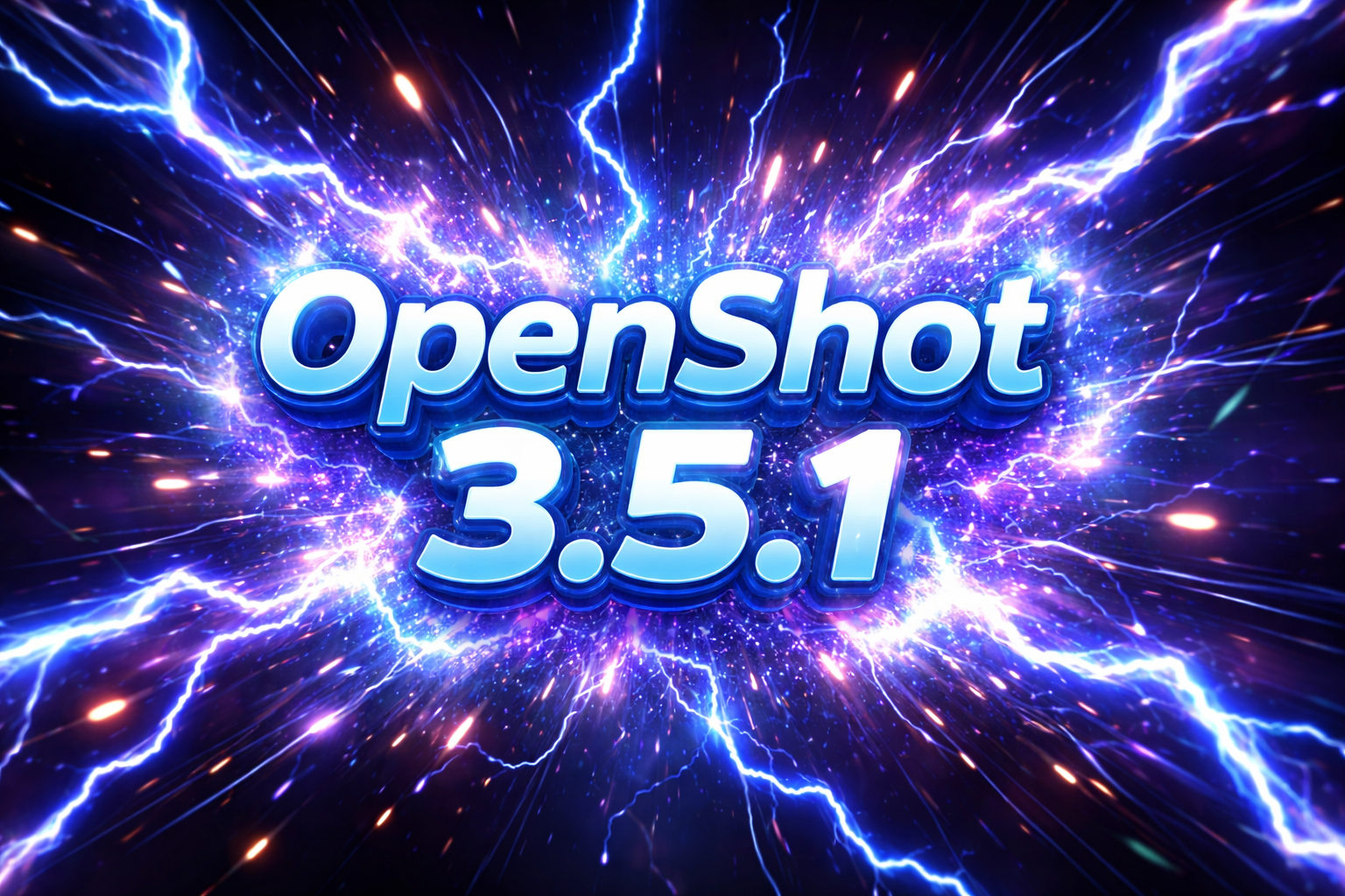 Lucrare grafică pentru lansarea OpenShot 3.5.1 cu logo-ul OpenShot și numărul versiunii peste un fundal cu explozie electrică albastră și mov.