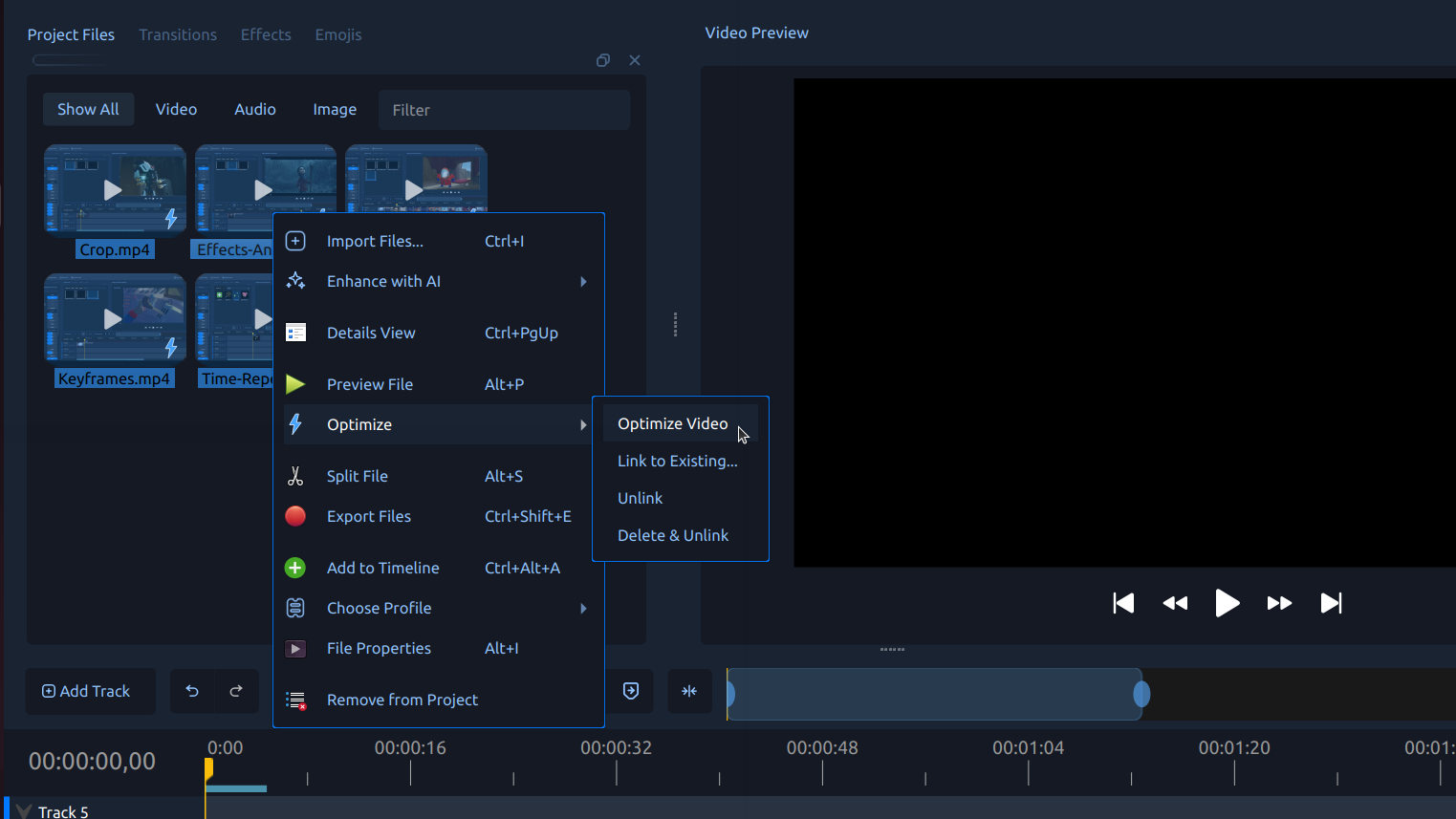 Glavni prozor OpenShot 3.5.1, odabrane datoteke i prikaz novog kontekstnog izbornika Optimiziraj->Optimiziraj video.