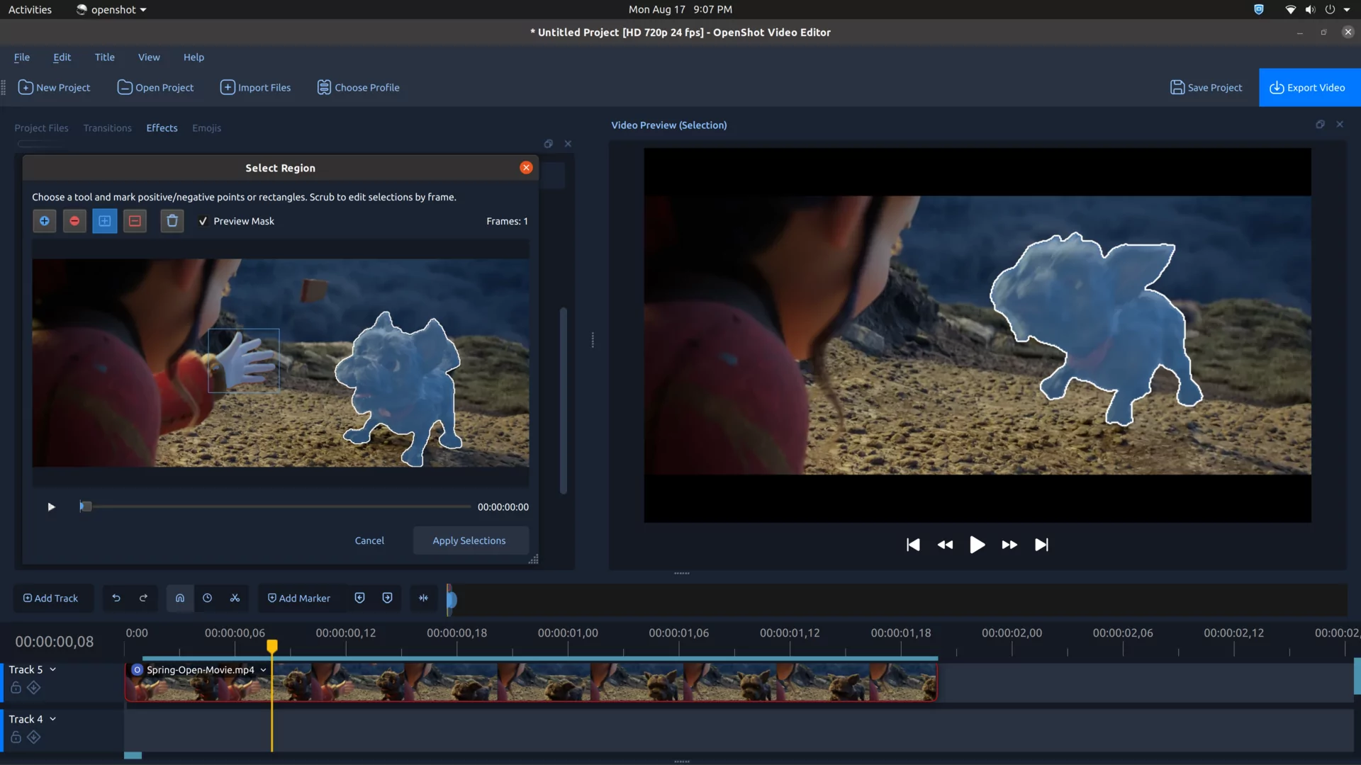 OpenShot Object Mask workflow selecting a subject and previewing the generated animated mask