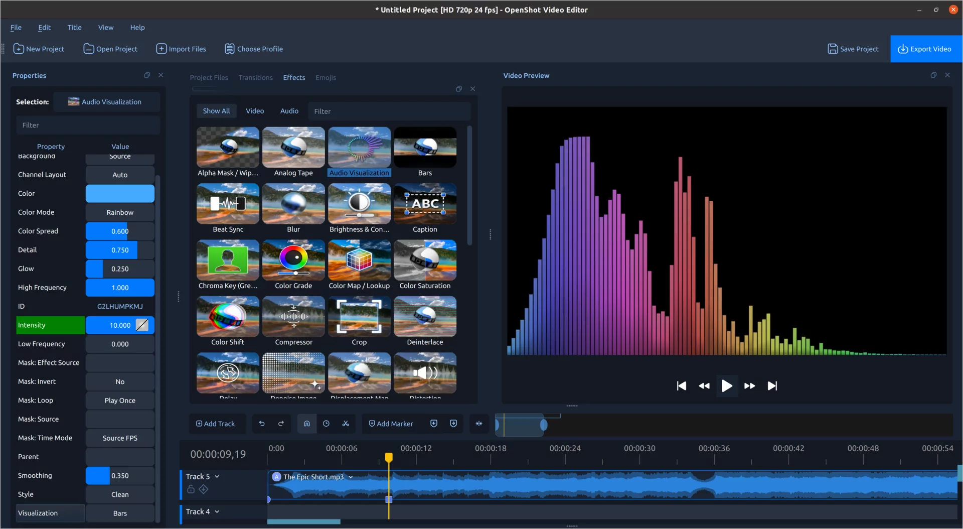 Rainbow audio spectrum bars created with the OpenShot Audio Visualization effect