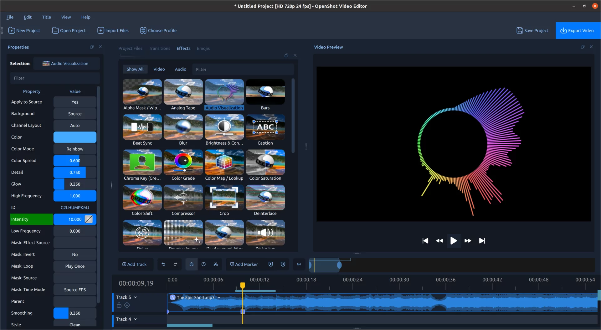 Circular rainbow audio visualization created in OpenShot