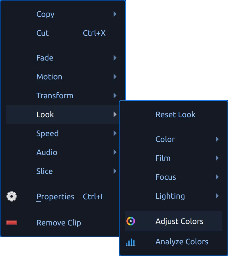OpenShot clip context menu showing quick color correction and color grading presets