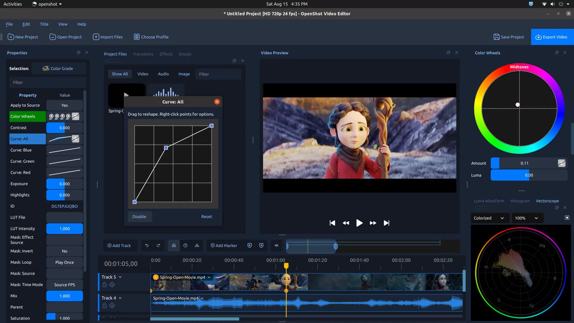OpenShot Color Grade effect with an editable color curve, color wheels, and a vectorscope