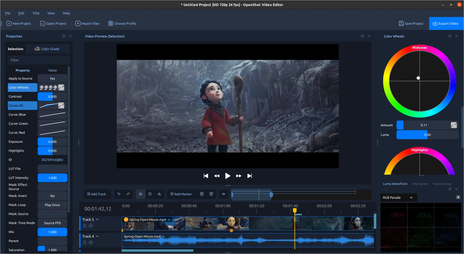 OpenShot analyzing a selected part of a video frame with an RGB Parade scope