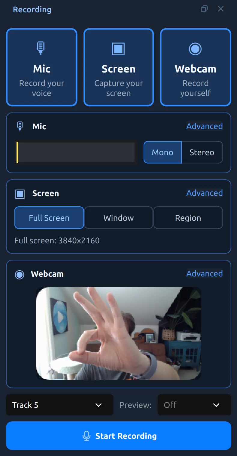 Detailed view of the OpenShot recording controls for microphone, screen, and webcam capture