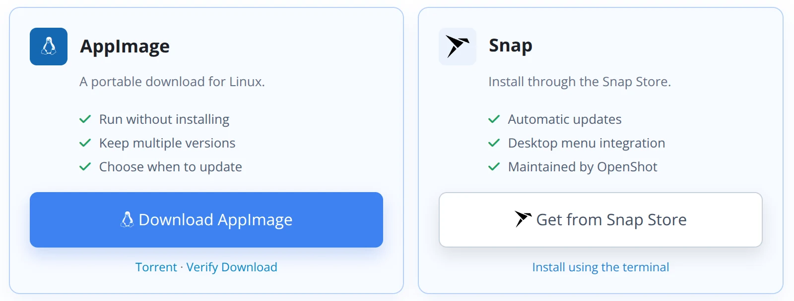 OpenShot-Linux-Downloadoptionen: portables AppImage und das offizielle Snap-Paket mit automatischen Updates.